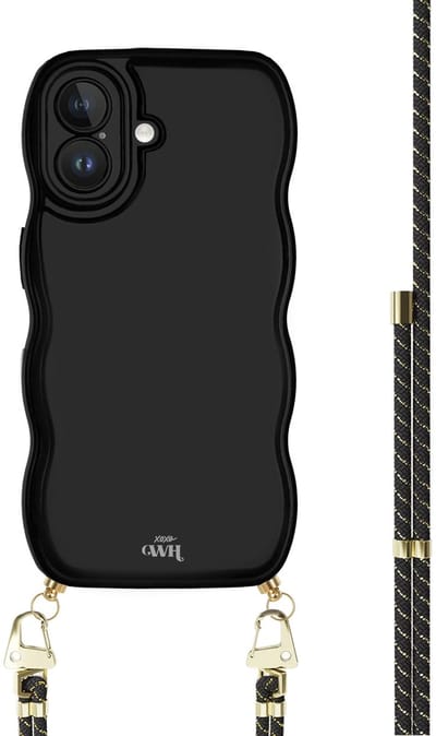 xoxo Wildhearts Glossy Wavy Cord Case Black - Gold Goddess - geschikt voor iPhone 17 - hoesje met koord - telefoonkoord met gouden details - golvend hoesje - silicone case - schokbestendig - zwart