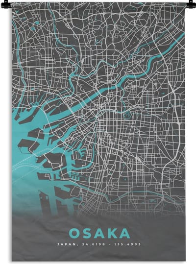 Wandkleed - Wanddoek - Osaka - Kaart - Stadskaart - Plattegrond - Blauw - 120x180 cm - Wandtapijt