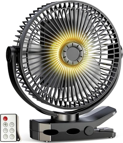 8" Clipventilator met afstandsbediening – 12000 mAh oplaadbare USB-batterij, 3+1 snelheden, timer, ledlamp – stil voor kantoor, camping, reizen, kweekkast