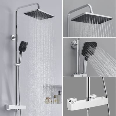 Auralum Max Regendouche met Thermostaatkraan - Ø 30 cm Douchekop - 3 Stralen Handdouche - Regendoucheset - Verstelbare Hoogte 90-125 cm - Doucheset - Chroom