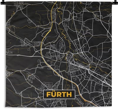 Wandkleed - Wanddoek - Duitsland – Black and Gold – Fürth – Stadskaart – Kaart – Plattegrond - 180x180 cm - Wandtapijt