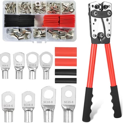 Krimptang - 6-50mm² Kabelpers - Rode - Krimptangset - 80 Kabelhulzen & Krimpkousen - Voor Elektrische Installaties & Reparaties - Professioneel & Huisgebruik