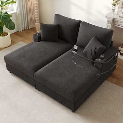 Sweiko 2-zits Slaapbank - Slaapfunctie - Met mobiele telefoonhouder - USB-poort - 2 bekerhouders - Donkergrijs