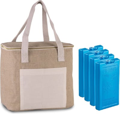 Grote strand koeltas jute/canvas 12 liter en 28 x 25 x 17 cm met 4x stuks 500 grams koelelementen blauw