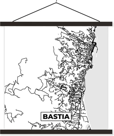 Posterhanger incl. Poster 60x60 cm - Schoolplaat - Frankrijk – Kaart – Plattegrond – Stadskaart - Bastia - Zwart wit - Textielposter - Zwarte latten - Stadskaart