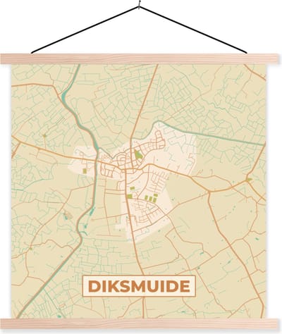 Posterhanger incl. Poster 40x40 cm - Schoolplaat - Stadskaart - Plattegrond - België - Diksmuide - Kaart - Textielposter - Blanke latten - Stadskaart