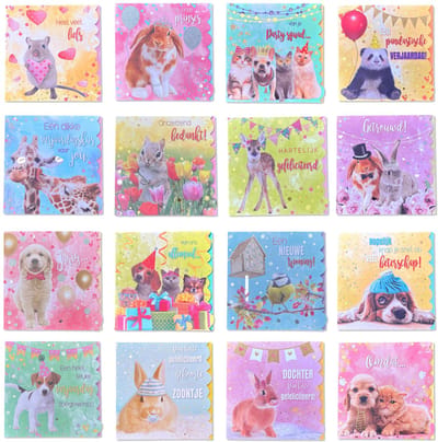 16 Luxe Vierkante Dieren Wenskaarten - 13x13cm - Assorti kaarten met gekleurde envelop