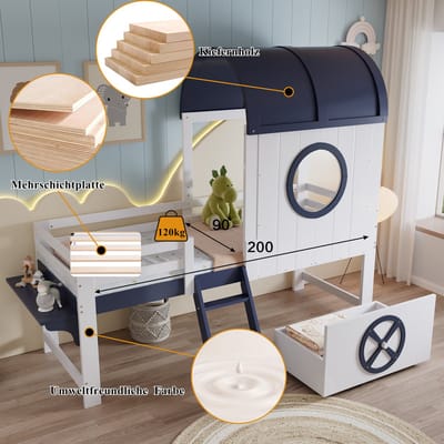 Halfhoogslaper 90x200 cm - kinderbed met dak en raam - met lade op wieltjes - wit en donkerblauw - zonder matras