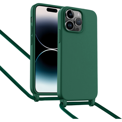 ShieldCase Hoesje met telefoonkoord (donkergroen) geschikt voor iPhone 14 Pro - Case met nekkoord - Slanke cover voor extra bescherming
