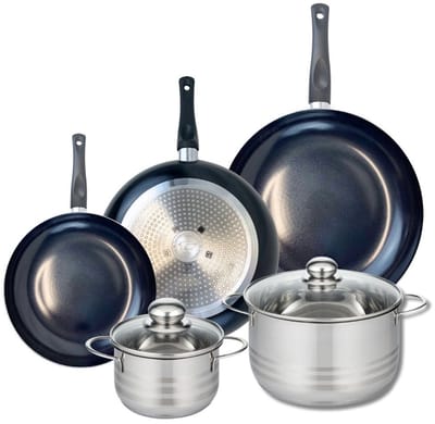 Set van 3 Koekenpannen 24, 28 en 32 cm en 2 kookpotten 16 en 24 cm Elo Prima Glanzend