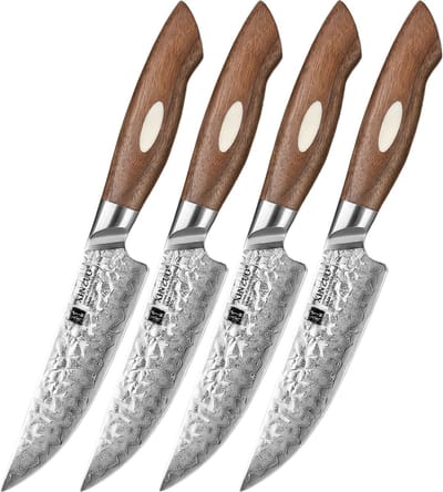 Xinzuo Steakmessenset van 67 laags AUS10 Damascus staal - Set van 4 steakmessen - Uniek damascus patroon - incl. giftbox / bewaardoos - Handvat van Walnoothout - Xinzuo B46W Series