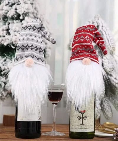 Wijnfles decoratie 2 stuks gebreide kerst kabouters