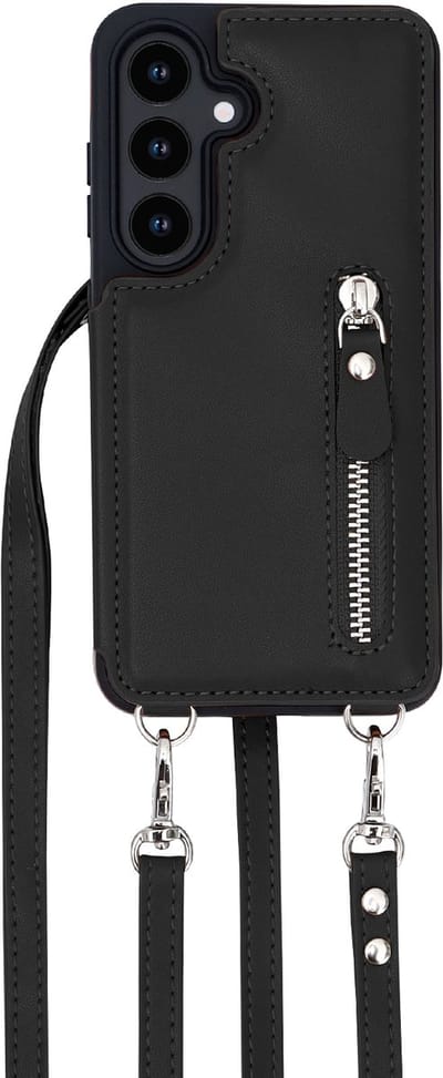 Casemania Hoesje Geschikt voor Samsung Galaxy S25 - Zwart - Luxe Back Cover met Koord & Rits - Wallet Case met Pasjeshouder - Lanyard Telefoonhoes - Cord Case