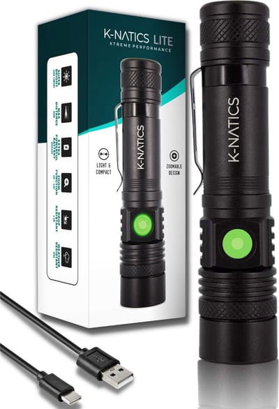 K-NATICS LITE Militaire LED Zaklamp - USB-C Oplaadbaar - Zaklamp op batterijen - 1500 lumen - 2200mAh Batterij - Zoomfunctie - 2 Jaar Garantie!