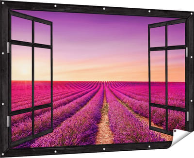 Gards Tuinposter Doorkijk Paarse Lavendel Bloemenveld - 180x120 cm - Tuindoek - Tuindecoratie - Wanddecoratie buiten - Tuinschilderij