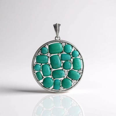 Cavill - Zilveren Hanger 925 Geplatineerd - 16 Campo Frio Turkoois 10,32 ct - Antiek Design - Groene Cabochon - Zirkonen Tanzania
