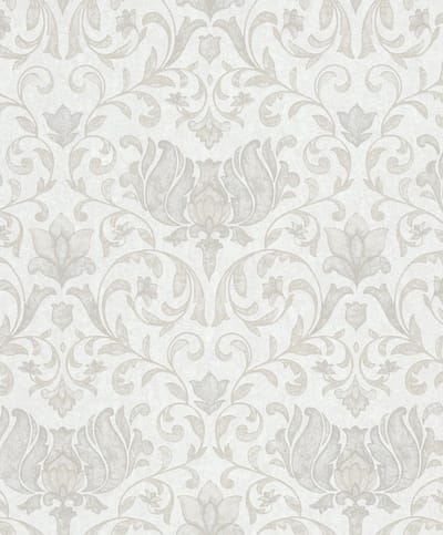 Klassiek Ornament Behang – Lichtgrijs & Wit – Elegant Bloemenpatroon – Tijdloos & Sfeervol Wanddesign