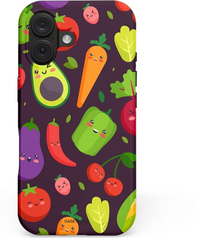 Casetastic hoesje geschikt voor Apple iPhone 16 - MagSafe - Dubbellaagse bescherming - Vrolijke Groentevrienden - Fashion Case - Zwart Groen Rood Geel