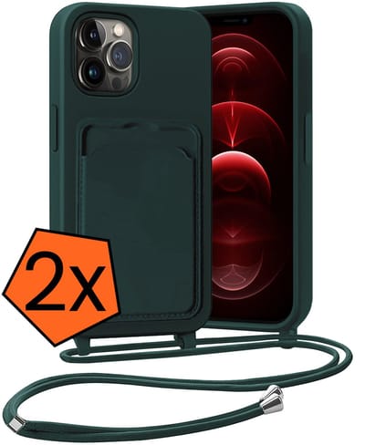 Hoesje Geschikt voor iPhone 13 Pro Hoesje Met Telefoonketting Pasjeshouder Case Koord - Hoesje Geschikt voor iPhone 13 Pro Hoes Met Kaarthouder - Donkergroen - 2 PACK