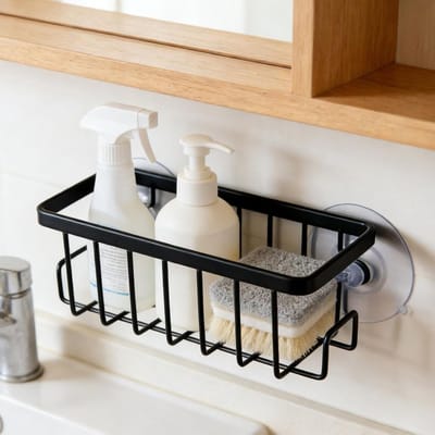 Sterke zuignap gootsteensponsenhouder van roestvrij aluminium, afneembare sponshouder en opberg organizer voor keukenaccessoires en sponzen (Zwart)