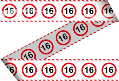 Folat Markeerlint/afzetlint 16 jaar versiering - met stop borden print - 15 meter - plastic - feestartikelen - versiering