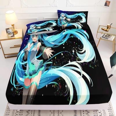 Drap Housse Imprimé Hatsune Miku Confortable Housse de Lit Ensemble Complet 3D Literie pour Enfants Décor de Chambre Anime Maison 90x190x25cm