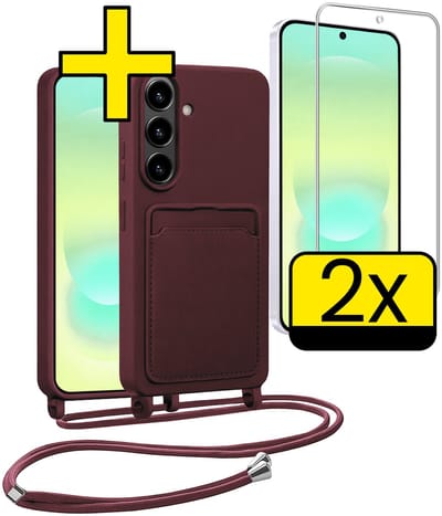 Hoesje Geschikt voor Samsung A37 Hoesje Met Koord Met 2x Screenprotector Siliconen Case - Hoes Geschikt voor Samsung Galaxy A37 Backcover Met Afneembaar Koord - Aubergine