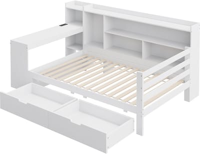 MEUNIQ slaapbank 90 x 200 cm met bureau, boekenrek, open vakken, 2 lades en stopcontact met USB, multifunctioneel houten bed voor slaapkamer of studentenkamer, wit