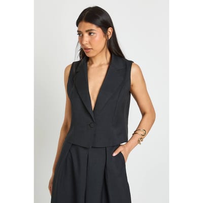 boohoo Dames Lang Gilet Met Linnen Look En Getailleerde Korte Snit | Black | Maat: 18