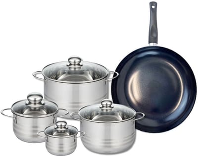 Set van 1 Koekenpan 32 cm en 4 kookpotten 12, 16, 20 en 24 cm Elo Prima Glanzend