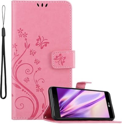 Cadorabo Hoesje geschikt voor LG X POWER in BLOEMEN ROZE - Beschermhoes in bloemmotief met magnetische sluiting, standfunctie en kaartsleuven Book Case Cover Etui