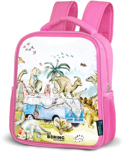 NoBoringSuitcases.com® - Rugzak roze - Schooltas meisjes - Busje met dino's - Kinder rugtas meisje - Boekentas kind - Kinderrugzak voor school - Schoolrugzak