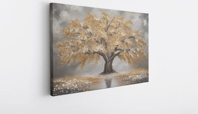Saammp Canvas Schilderij - Goude winterboom - Abstract - 100x75 - Foto op canvas - Wanddecoratie - Muurdecoratie Woonkamer - Slaapkamer decoratie - Canvas Print