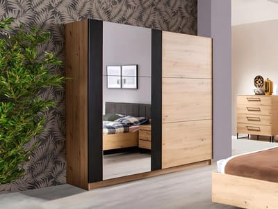 Vente-unique Kledingkast met 2 schuifdeuren PHILADELPHIE - Met spiegel - L217 cm - Eiken en zwart