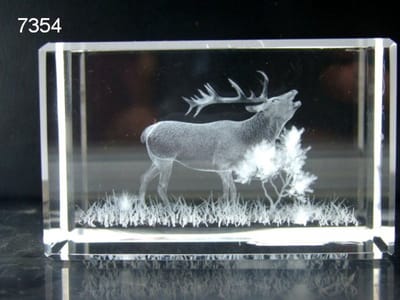 3D Lasergravure Edelhert in Bronsttijd – 8 x 5 x 5 cm – Glasblokje met Geschenkverpakking