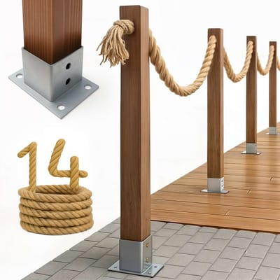 BOGATECO Houten schutting met jute touw | Zeilhek 14 m | 13 verschillende lengtes | Montageset inbegrepen Grondhuls met ankerplaat