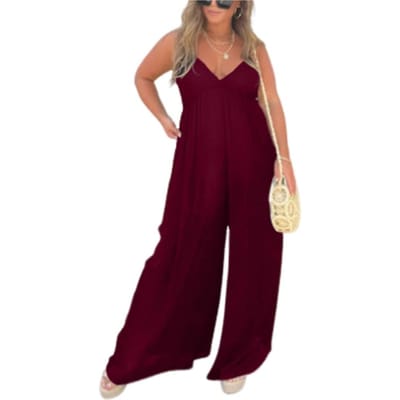 Zomer Dames Jumpsuit Diepe V-Hals Mouwloos Rugloos Wijde Pijp Los Effen Kleur Geplooid Spaghettibandje Casual Vakantie Strand Lo M wijnrode kleur