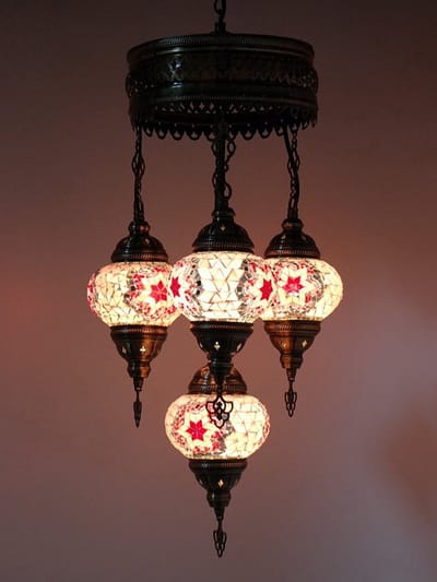 Turkse Lamp - Hanglamp Mozaïek - Kroonluchter Roze - 4 Bollen - Handgemaakt en Authentiek