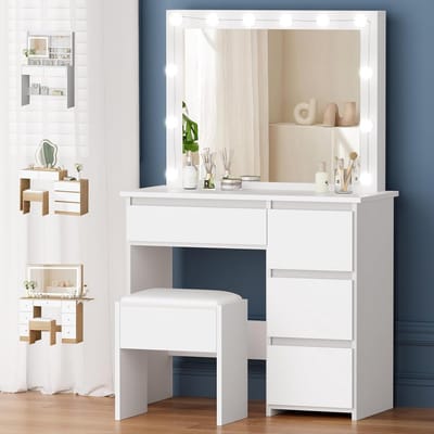 Kaptafel met Spiegel, Verlichting en Opbergkruk – Make-up Tafel 90cm met 4 Laden