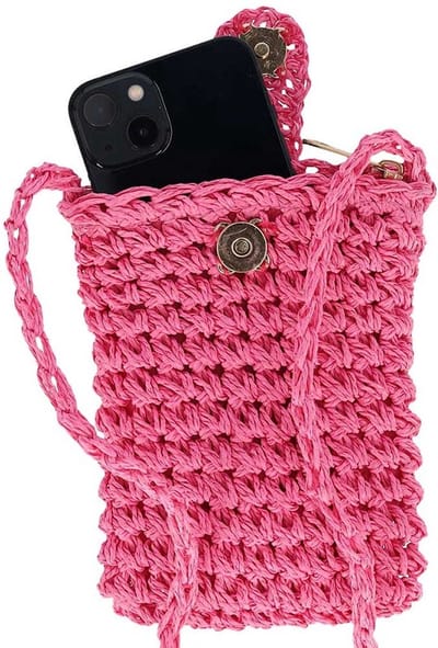 Telefoontasje dames met rits en drukknoop - Schoudertasje telefoon - Gevlochten papierstro - Fuchsia