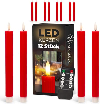 LED-kaarsen met timer ROOD 12 stuks voor binnen - 6 uur - ECHTE WAS geribbeld 23 cm hoog voor kaarsen 2,2 cm diameter 2 AAA-batterijen vereist LED-kaarsen set van 2 ROOD (drie keer) bewegende vlam