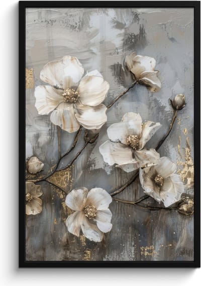 Poster in lijst - Fotolijst 60x90 cm - Posters - Bloemen - Wit - Grijs - Goud - Luxe - Posterlijst zwart - Decoratie - Wanddecoratie woonkamer - Muurdecoratie slaapkamer