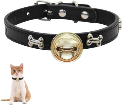 SnelShoppen - PU Leren Kattenhalsband met Bel, Verstelbare Kattenhalsband 24-32 cm met Botpatroon voor Katten en Puppies, Zwart, Ideaal voor Dagelijks