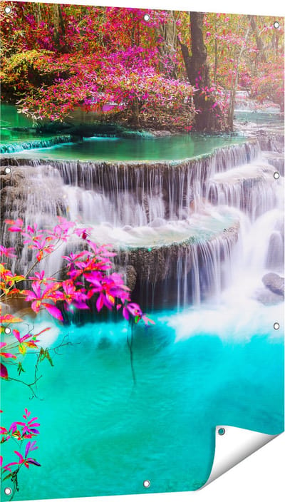 Gards Tuinposter Waterval in de Herfst met Kleurrijke Bloemen - 80x120 cm - Tuindoek - Tuindecoratie - Wanddecoratie buiten - Tuinschilderij