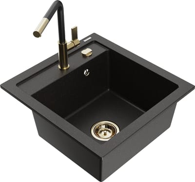 Mexen Vito granieten spoelbak 1-kom met keukenkraan Flora, zwart/goud metallic - 6503-75-670401-57-G