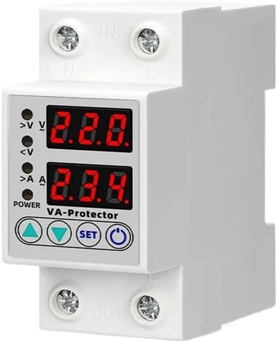 TOVBMUP Spanningsbewakingsrelais - Digitale Stroombeveiliging 220V 63A - Instelbare Onder- en Overspanningsbeveiliging met LCD - Geschikt voor Din-rail Montage - Vlamvertragend Kunststof Behuizing - Afmetingen 36x81x62mm
