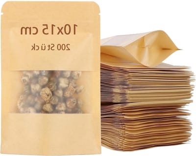 Set van 200 bruine papieren zakjes met venster, 10 x 15 x 3,5 cm, luchtdichte kraft papieren zakken voor koekjes, snoep, noten en specerijen