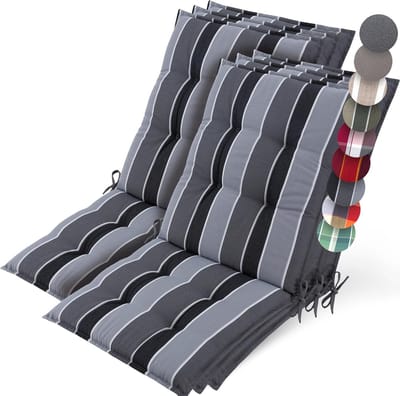 Beautissu Sun-NL – Set van 6 Premium Lage Rugleuning Kussen 100x50 cm - UV-bestendig & 8cm Dik Kussen Tuinstoelkussen Antislip Bevestigingsbanden – Stevige Stof Antraciet Gestreept