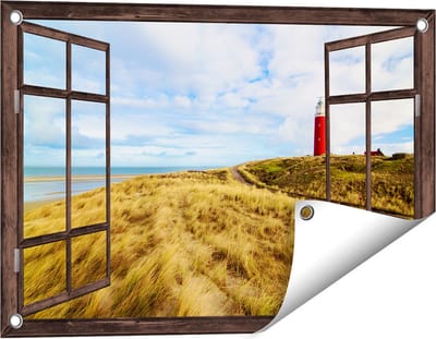 Gards Tuinposter Doorkijk Vuurtoren met Duinen in Texel - 60x40 cm - Tuindoek - Tuindecoratie - Wanddecoratie buiten - Tuinschilderij