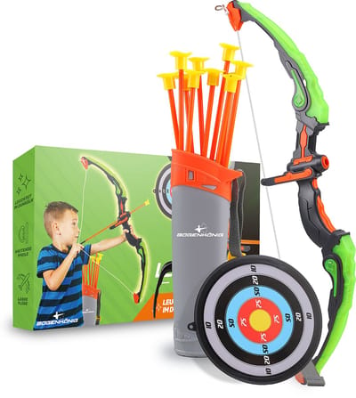 Bogenkönig Boogschietset, pijl en boog, kinderset met led-flitslichten, 10 x zuignappijlen, 1 x doelschijf, 1 x pijlhouder, speelgoedboogset voor jongens en meisjes vanaf 6 jaar, outdoor speelgoed